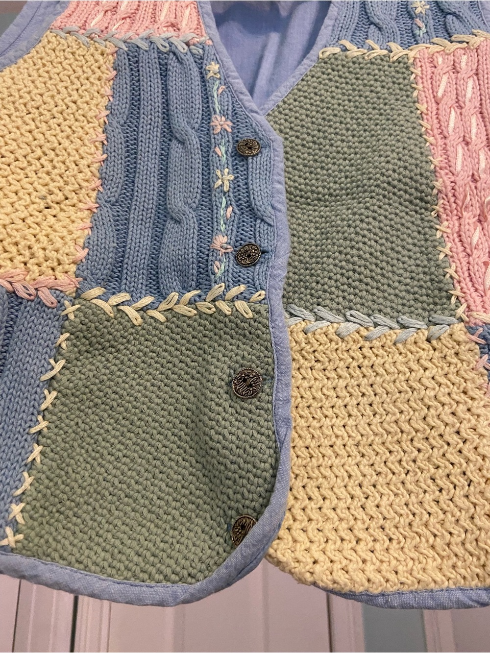 Tantrums Patchwork Knit Vest Design With Floral Embroidery Cottagecore - Picture 3 of 4